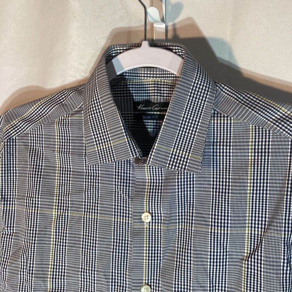 KENNETH COLE blue gingham slim fit non iron button up shirt 15 1/2 32/33 - Picture 2 of 8
